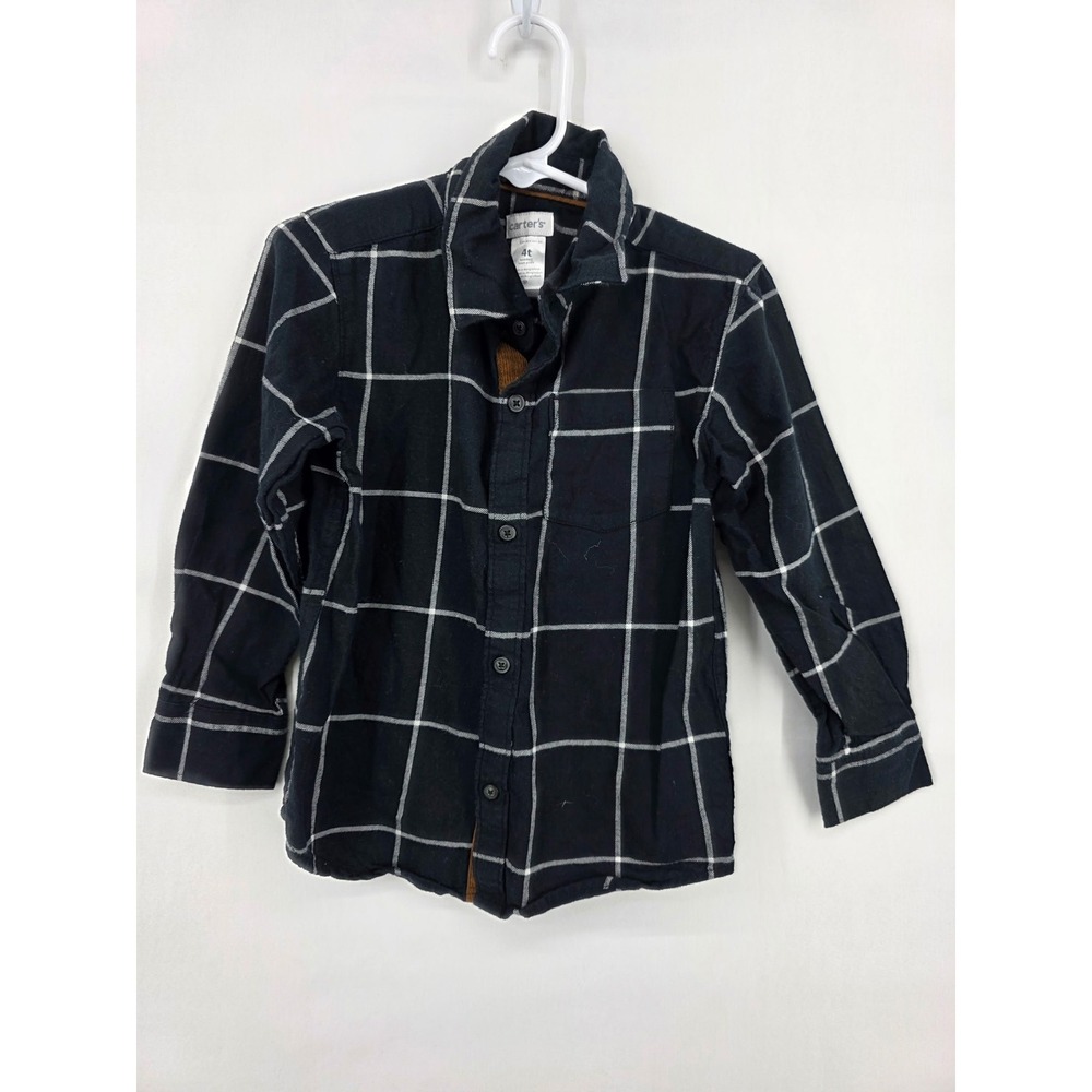 Carters Toddler Boys Navy White Windowpane Plaid Shirt Elbow Patches 4T 3160